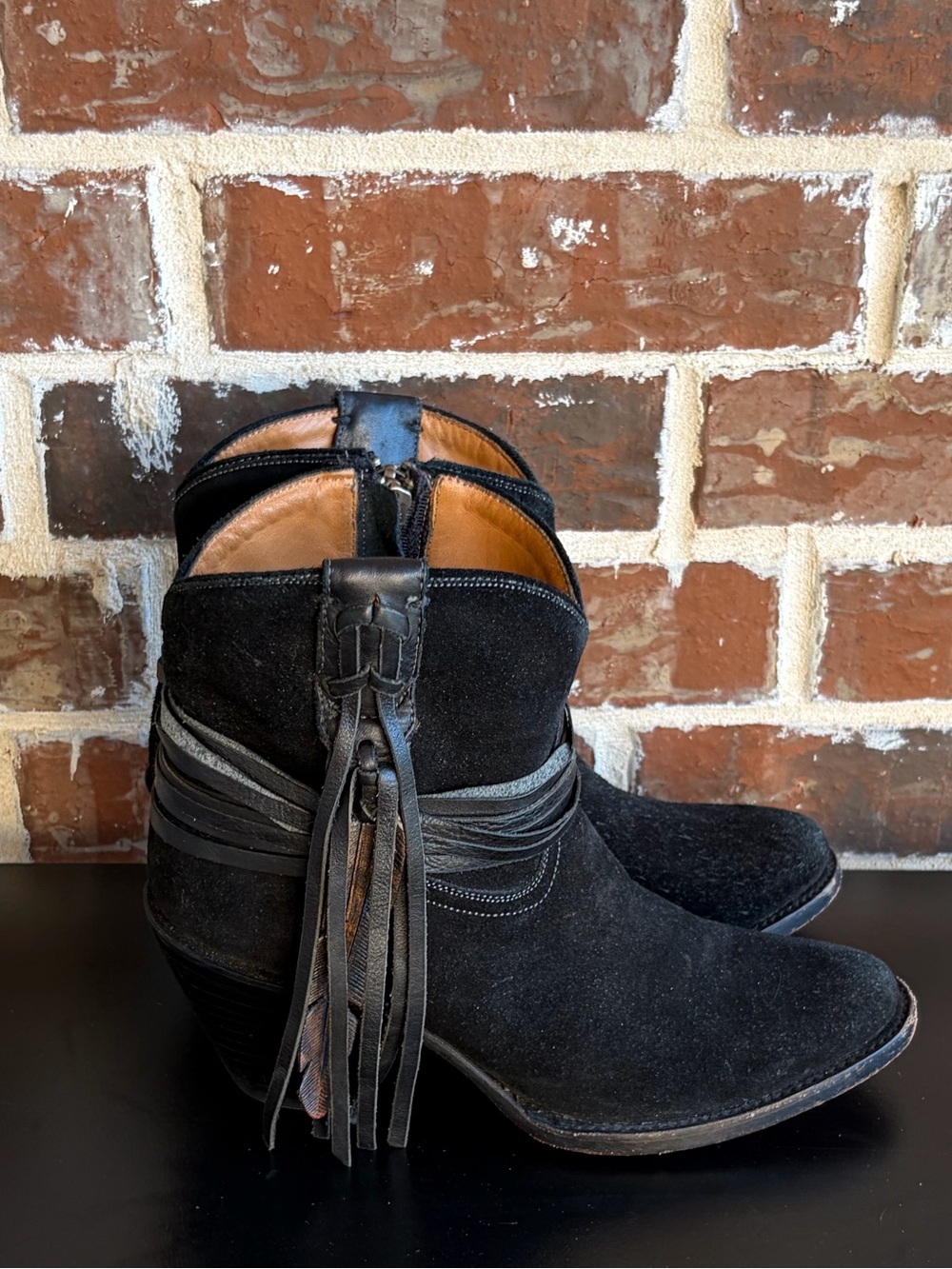 Lucchese Robyn Western Feather Fringe Black Suede Boots Cowboy Rodeo Size 7